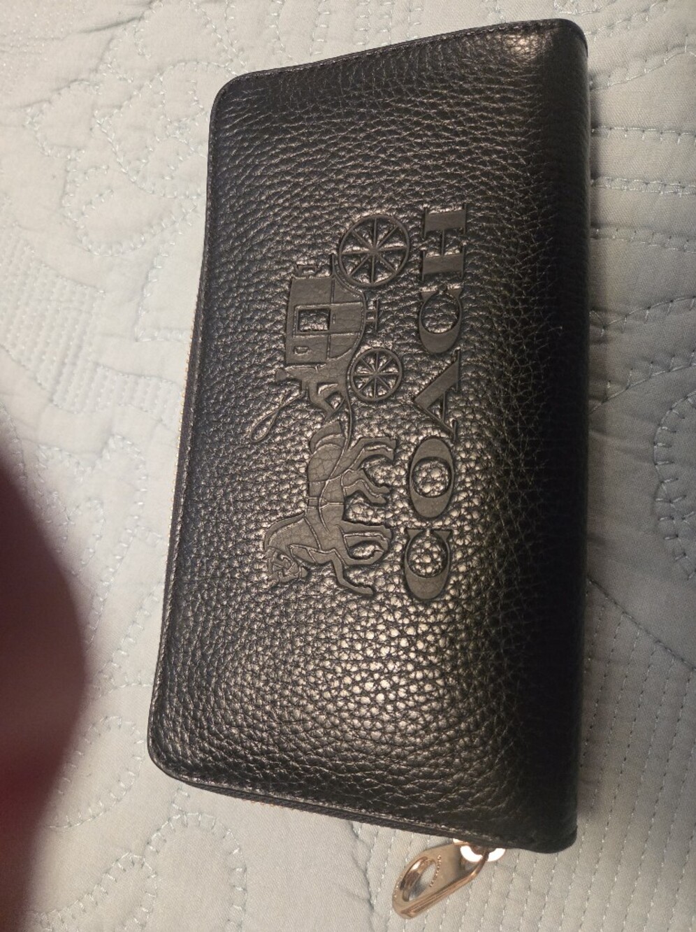 Coach Black Pebbled Leather Zip-Around Wallet with Carriage Logo